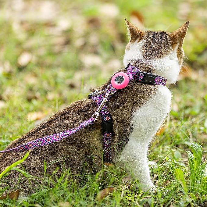 Cat Harness and Leash Escape Proof for Walking Travel Outdoor - Soft Nylon Adjustable Cute Cat Harness Leash Set with Airtag Holder for Small Medium Large Cats