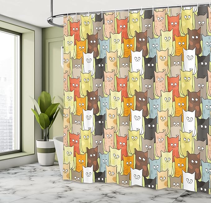 Ambesonne Cats Shower Curtain, Funny Colorful Graphic Kittens Cartoon Style Boys Girls Playroom, Cloth Fabric Bathroom Decor Set with Hooks, 69" W x 70" L, Pastel Pink Grey