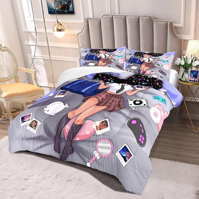 African American Girl Bedding Set Full Comforter Set for Girls Bedroom Decor Black Girl Comforter Set with 2 Pillowcases Kids Comforter Sets Gifts for Girls Kids Teens