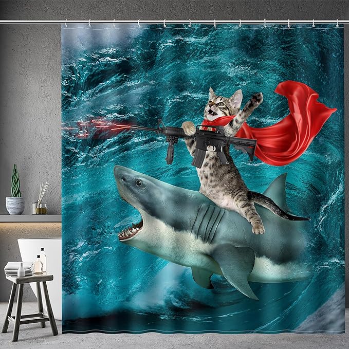Aimego Extra Long Shower Curtain - Funny Cute Crazy Cat Riding Shark Ocean Fun Fabric Cloth Shower Curtain Set with 12 Hooks for Adults Bathroom Decor Accessories Bath Curtain, 72"x84", Blue Red