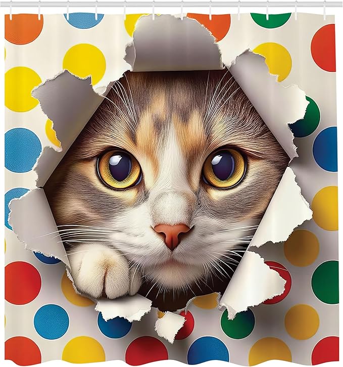 Ambesonne Cat Shower Curtain, Funny and Mischievous Kitty Peaking Through a Torn with Colorful Polka Dots Print, Cloth Fabric Bathroom Decor Set with Hooks, 69" W x 75" L, Multicolor