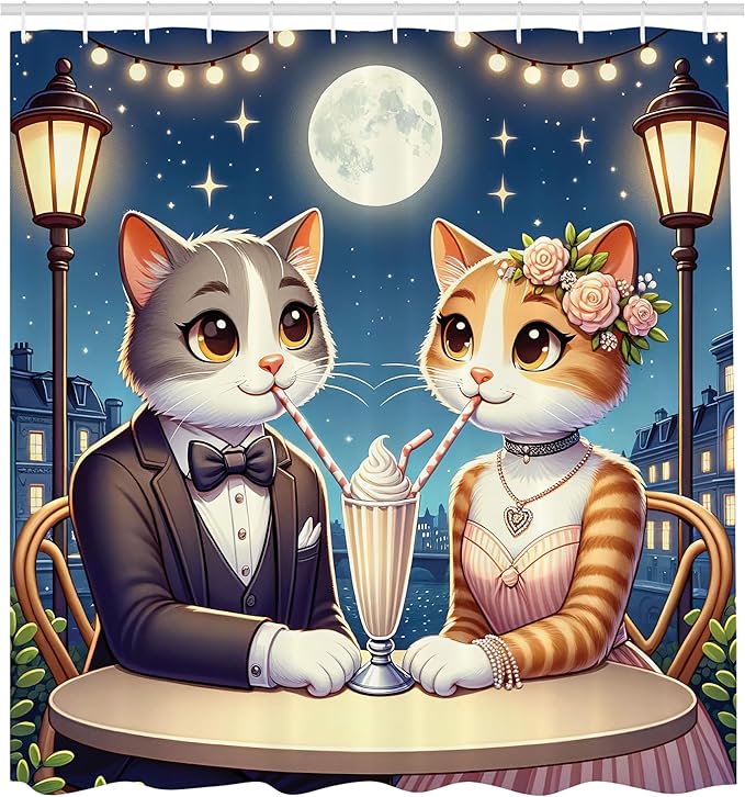 Ambesonne Cat Shower Curtain, Romantic Date Night of Kitties Drinking Milkshake Cozy Night Scene Valentines, Cloth Fabric Bathroom Decor Set with Hooks, 69" W x 70" L, Dark Blue Apricot