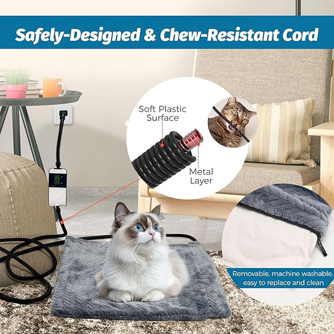 PatiencET Heated Cat Bed, 18'' x 18'' Temperature Adjustable Cat Dog Heating Pad with Timer Indoor, Pet Heating Pad for Cats Dogs, Cat Warming Pad Bed with Metals Chew Resistant Cord