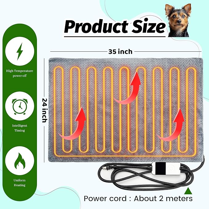 PatiencET Heated Dog Bed, 24'' x 35'' Temperature Adjustable Cat Dog Heating Pad with Timer Indoor, Pet Heating Pad for Cats Dogs, Cat Dog Warming Pad Bed with Metals Chew Resistant Cord