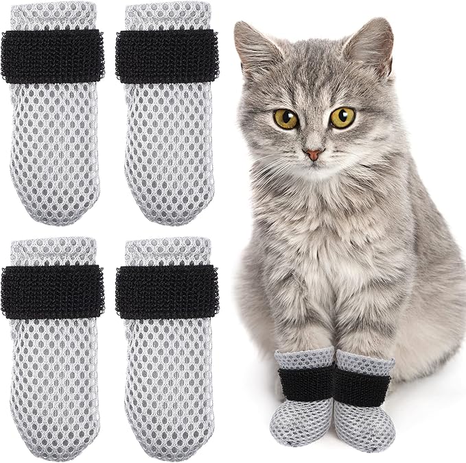 4Pcs Cat Nail Caps Cat Mittens, Cat Claw Covers Cat Nail Covers Caps Shoes for Cats Socks AntiScratch Cat Paw Protector Cat Claw Caps Pet Grooming Cat Booties for Bathing Shaving Checking, Grey M