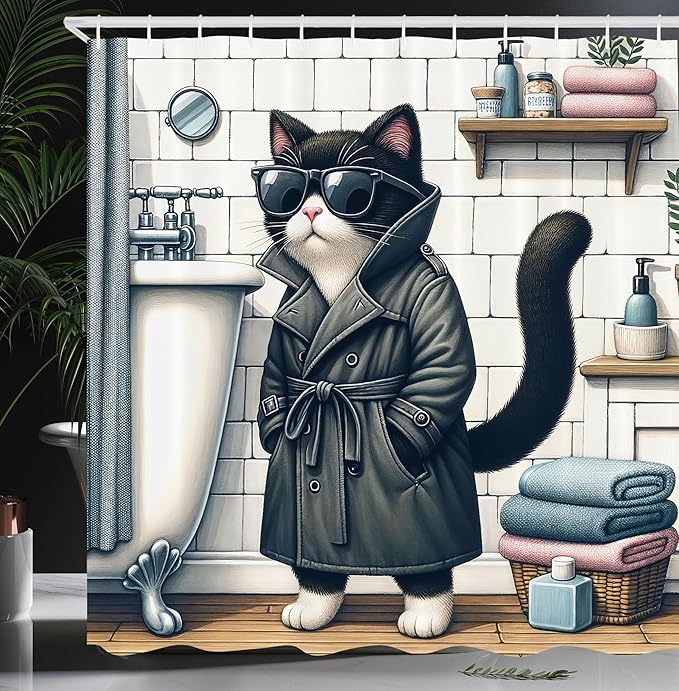 Ambesonne Cat Shower Curtain, Mysterious Detective Kitty Character in Bathroom with Sunglasses Classic Coat, Cloth Fabric Bathroom Decor Set with Hooks, 69" W x 70" L, Charcoal Grey White