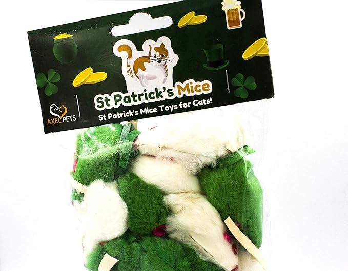 20 St Patrick's Day Irish Festive Holiday Cat Mice Toys with Catnip and Rattle Sound Made of Real Rabbit Fur Interactive Catch Play Mouse Toy for Cat, Pack of 20 Mice