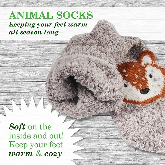 BambooMN Super Soft Warm Cute Animal Face Non-Slip Fuzzy Crew Winter Home Socks, Value Pack
