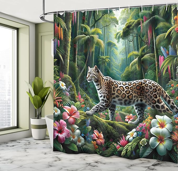 Ambesonne Cat Shower Curtain, Wild Leopard in a Colorful Floral Jungle Rainforest Palm Tees Exotic Concept, Cloth Fabric Bathroom Decor Set with Hooks, 69" W x 70" L, Green and Multicolor