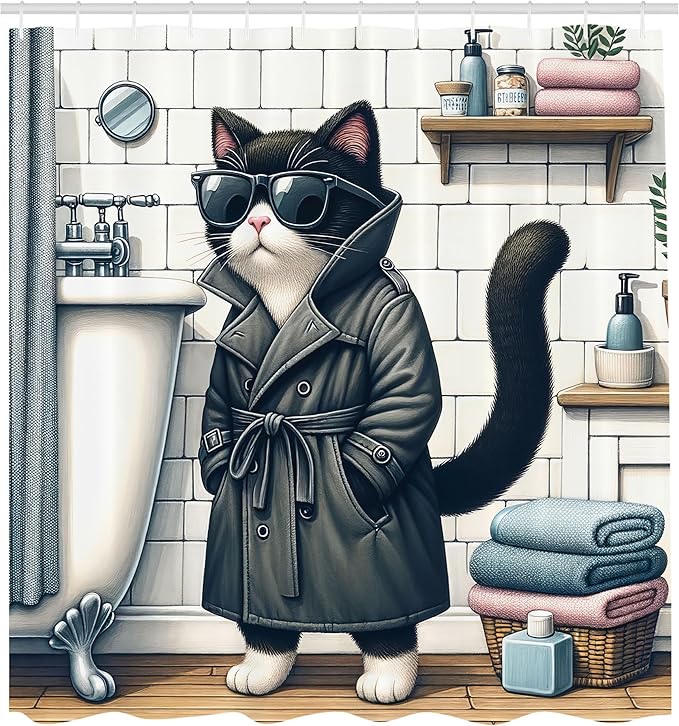 Ambesonne Cat Shower Curtain, Mysterious Detective Kitty Character in Bathroom with Sunglasses Classic Coat, Cloth Fabric Bathroom Decor Set with Hooks, 69" W x 70" L, Charcoal Grey White