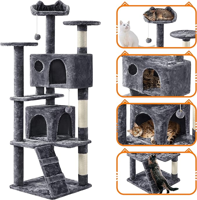 Yaheetech 62in Cat Tree Cat Tower for Indoor Cats, Cat Furniture w/Double Cat Condo, Scratching Posts, Multiple Platforms and Balls for Kittens & Cats, Dark Gray