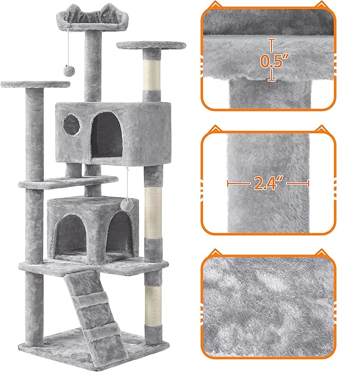 Yaheetech 62in Cat Tree Cat Tower for Indoor Cats, Cat Furniture w/Double Cat Condo, Scratching Posts, Multiple Platforms and Balls for Kittens & Cats, Light Gray
