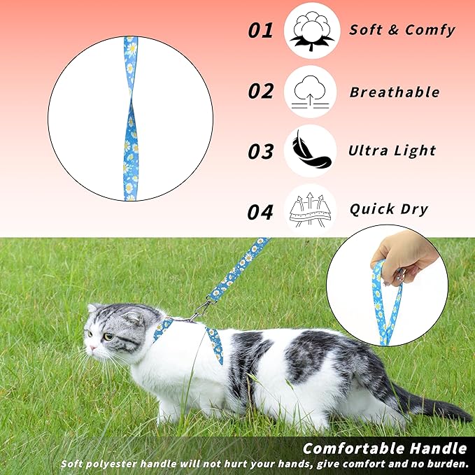Cat Harness and Leash Set, Adjustable Kitten Harness Escape Proof Cats Harness, Soft Lightweight Walking Travel Pet Harness, Cute Kitty Harness Leash Set for Small Medium Cats, Blue Daisy