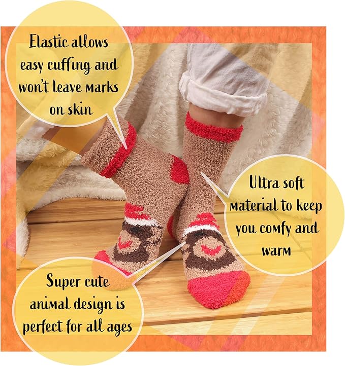 BambooMN Women's Super Soft Cute Fuzzy Cozy Warm Animal Face Indoor Outdoor Cabin Crew Home Socks