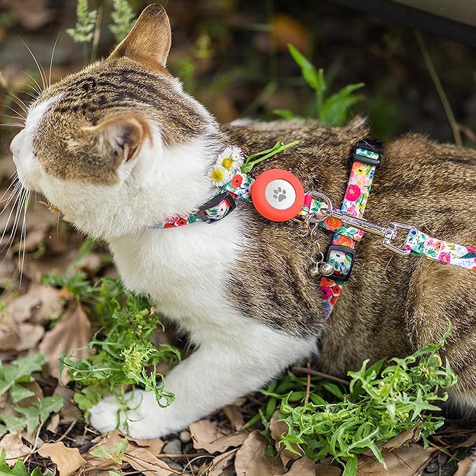 Cat Harness and Leash Escape Proof for Walking Travel Outdoor - Cute Floral Nylon Adjustable Cute Cat Harness Leash Set with Airtag Holder for Small Large Cats
