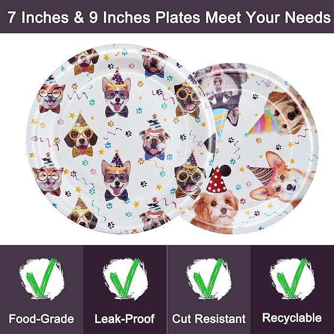 96 Pcs Dog Birthday Party Plates Napkins Forks Supplies Tableware Set Disposable Paper Dog Theme Decoration for Kids Birthday Party, Serves 24 Guests
