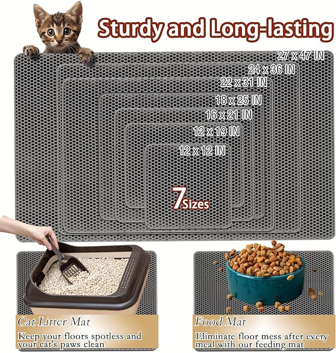 2025 𝗡𝗘𝗪 Waterproof Cat Litter Mat | Double Layer EVA, Odor-Free Large Grid | Urine Proof & Easy Cleanup | Soft on Paws | Versatile Design for Litter and Feeding (Gray, 12×12)