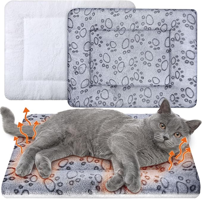 2 Pack Self Warming Cat Mat Self Heating Cat Pad Cat Bed Reversible Machine Washable Reflects Body Heat Warm Thermal Pet Pad Crate Blanket for Feral and Indoor Cat (Dog Paw,21" X 14")