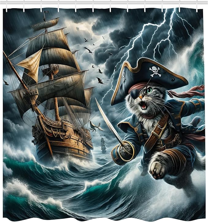 Ambesonne Cat Shower Curtain, Pirate Kitty Character in The Stormy Ocean Waves Adventure Ship Sailing, Cloth Fabric Bathroom Decor Set with Hooks, 69" W x 75" L, Dark Slate Blue and Amber