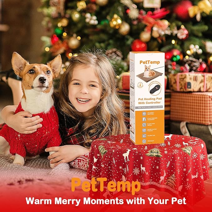 Upgraded Pet Heating Pad, 5 Adjustable Temperature & Timer, Electric Heated Dog Cat Bed for Winter, Auto Power-Off, Waterproof Chew-Resistant (S:16'' x 13'')