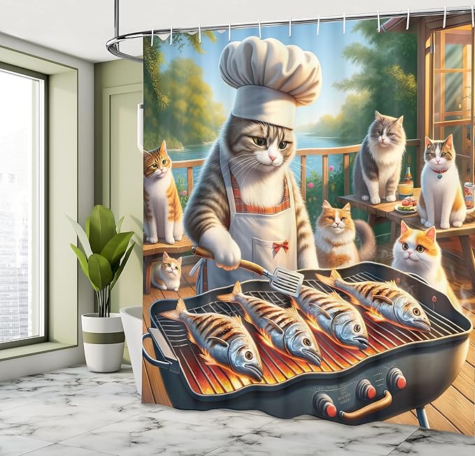 Ambesonne Cat Shower Curtain, Funny BBQ Themed Chef Kitty Grilling Fish for Pals Whimsical Backyard Barbecue Scene, Cloth Fabric Bathroom Decor Set with Hooks, 69" W x 70" L, Green Orange