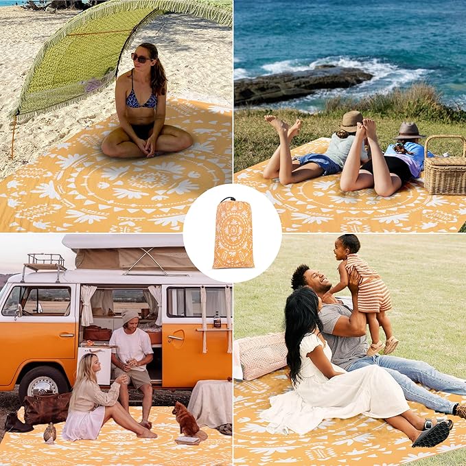 110''×118'' Extra Large Sandproof Beach Blanket 4-8 Adults, Waterproof Foldable Picnic Blankets with 4 Stakes & 4 Pockets, Lightweight Boho Outdoor Beach Mat for Travel, Camping, Hiking