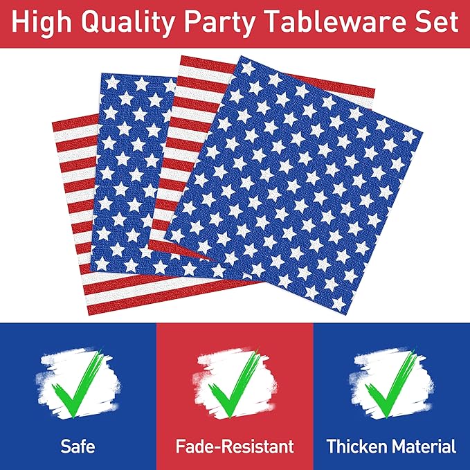 96 Pcs Patriotic Decoration 4th of July Party Plates Napkins Forks Supplies Tableware Set Disposable Paper American Flag Theme Independence Day Favors, Serves 24 Guests
