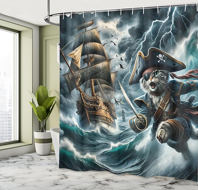 Ambesonne Cat Shower Curtain, Pirate Kitty Character in The Stormy Ocean Waves Adventure Ship Sailing, Cloth Fabric Bathroom Decor Set with Hooks, 69" W x 75" L, Dark Slate Blue and Amber