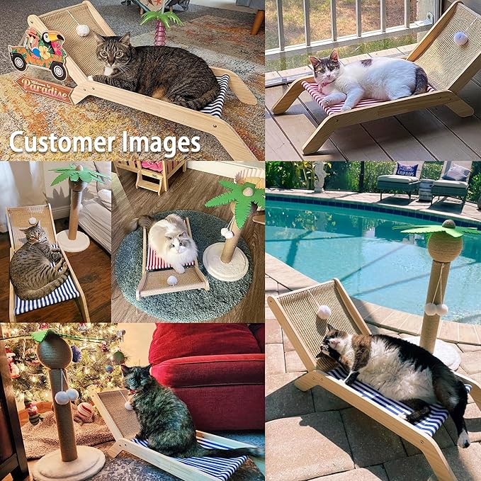 PETKARAY Cat Hammock with Coconut Palm Tree Scratching Post, Cozy Beach Chair Elevated Cat Beds, Original Cat Lounger for Indoor Cats