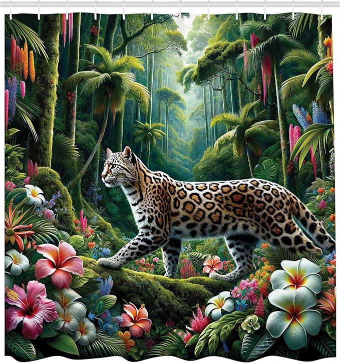 Ambesonne Cat Shower Curtain, Wild Leopard in a Colorful Floral Jungle Rainforest Palm Tees Exotic Concept, Cloth Fabric Bathroom Decor Set with Hooks, 69" W x 70" L, Green and Multicolor