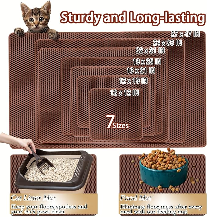 2025 𝗡𝗘𝗪 Waterproof Cat Litter Mat | Double Layer EVA, Odor-Free Large Grid | Urine Proof & Easy Cleanup | Soft on Paws | Versatile Design for Litter and Feeding (Brown, 22×31)