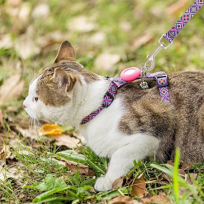Cat Harness and Leash Escape Proof for Walking Travel Outdoor - Soft Nylon Adjustable Cute Cat Harness Leash Set with Airtag Holder for Small Medium Large Cats