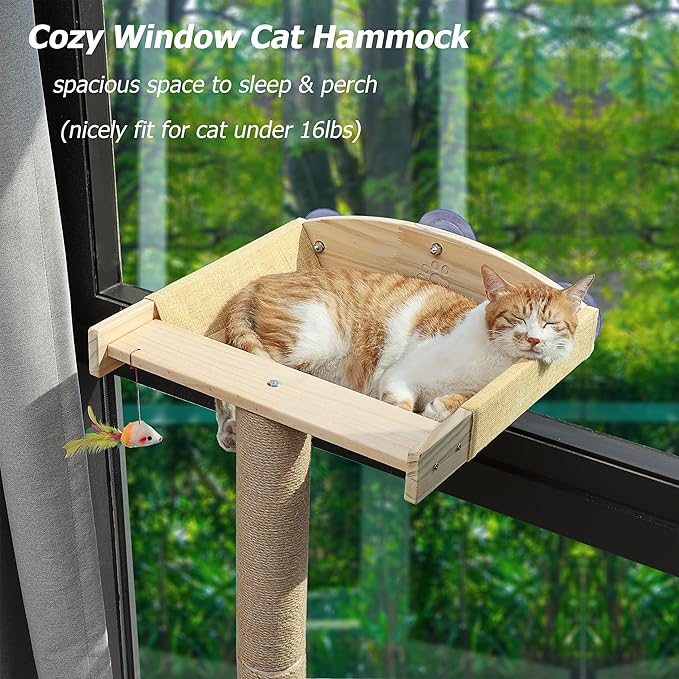 Cat Window Perch with Tall Scratching Posts, Inside 46" Climbing Tree Hammmock Mounted with Suction Cups for Sleeping,Playing and Watching Birds