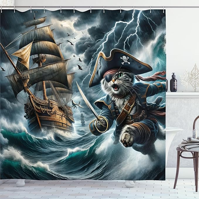 Ambesonne Cat Shower Curtain, Pirate Kitty Character in The Stormy Ocean Waves Adventure Ship Sailing, Cloth Fabric Bathroom Decor Set with Hooks, 69" W x 75" L, Dark Slate Blue and Amber
