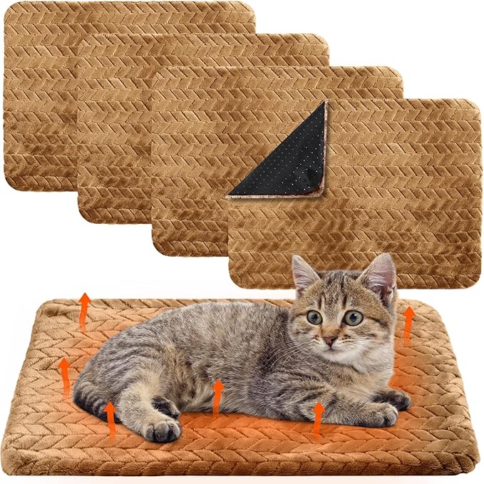 4 Pack Self Heating Cat Pad Self Warming Cat Mat Non Slip Warm Dog Bed Pad Mat Washable Pet Kennel Pad Crate Bed Mat Removable Cover Cat Blanket for Indoor Outdoor(Camel,16 x 20 Inch)