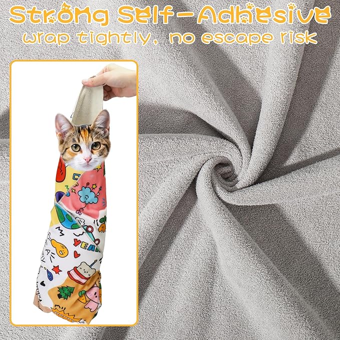 AIERSA Cat Wrap for Cutting Nails and Grooming, Cat Restraint Wrap for Nail Clipping, Self-Adhesive Fabric Cat Swaddle Burrito Wrap for Nail Trimming, Cat Grooming Supplies