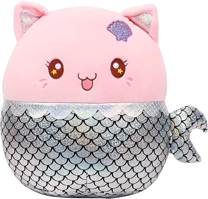 12” Mermaid Cat Plush Pillow Soft Mermaid Stuffed Animal Cute Cat Plush Toy Birthday Christmas Festival Gifts for Kids