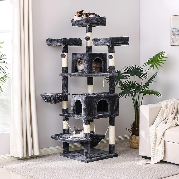 BEWISHOME Cat Tree 66.3 Inch Multi-Level Large Tall Cat Tower with Plush Top Perches, Sisal Scratching Post Cat Condo Play House Kitty Activity Center MMJ14H