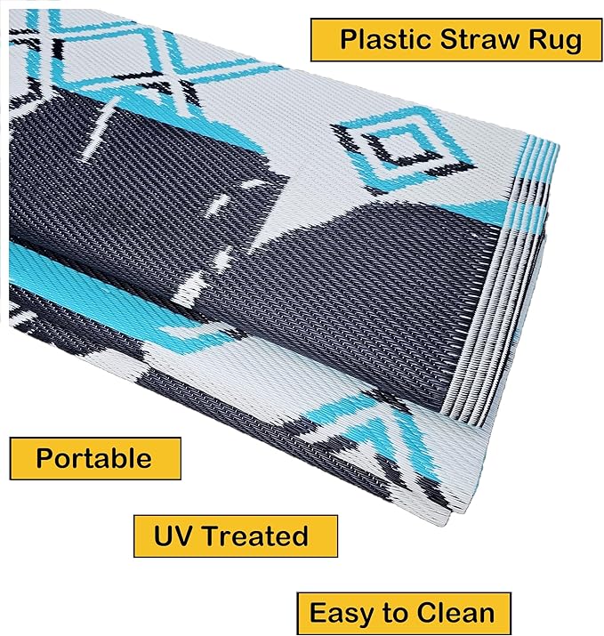 BalajeesUSA Outdoor Decor Patio Rugs – 6x9, Aqua Blue Waterproof Affordable Multipurpose Woven Plastic Straw All-Weather Waterproof Rug Reversible Camper mat Awning 7100