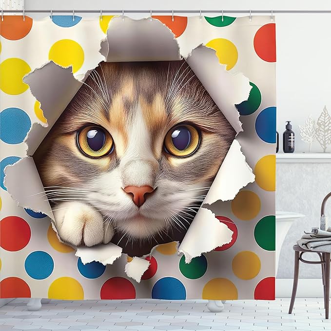 Ambesonne Cat Shower Curtain, Funny and Mischievous Kitty Peaking Through a Torn with Colorful Polka Dots Print, Cloth Fabric Bathroom Decor Set with Hooks, 69" W x 75" L, Multicolor