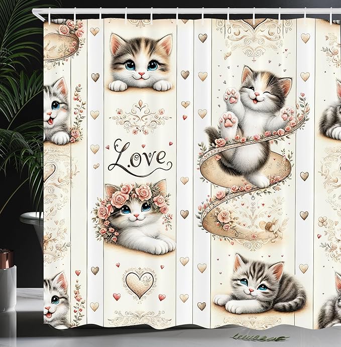Ambesonne Cat Shower Curtain, Vintage Themed Pattern with Smiling Blue Eyed Kittens Love Hearts Nostalgia, Cloth Fabric Bathroom Decor Set with Hooks, 69" W x 84" L, Ivory Pale Brown Grey