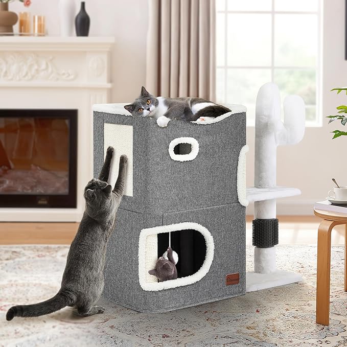 YIATHOME 2-Tier Cat House, Cat Beds for Indoor Cats, Small Cat Condo with Highway Cave, Scratch & Itching Post, Clmibing Stand, Modern Cat Cube Playhouse for Multi Kittens, Grey