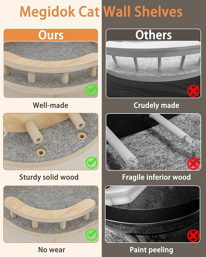 Megidok Cat Wall Furniture Corner Climbing Shelf Perches, Cat Bed Wall Mounted with 3 Wide Steps,Modern Floating Stairs for Wall Indoor Cats up to 22 Lbs for Cat - Wood Color