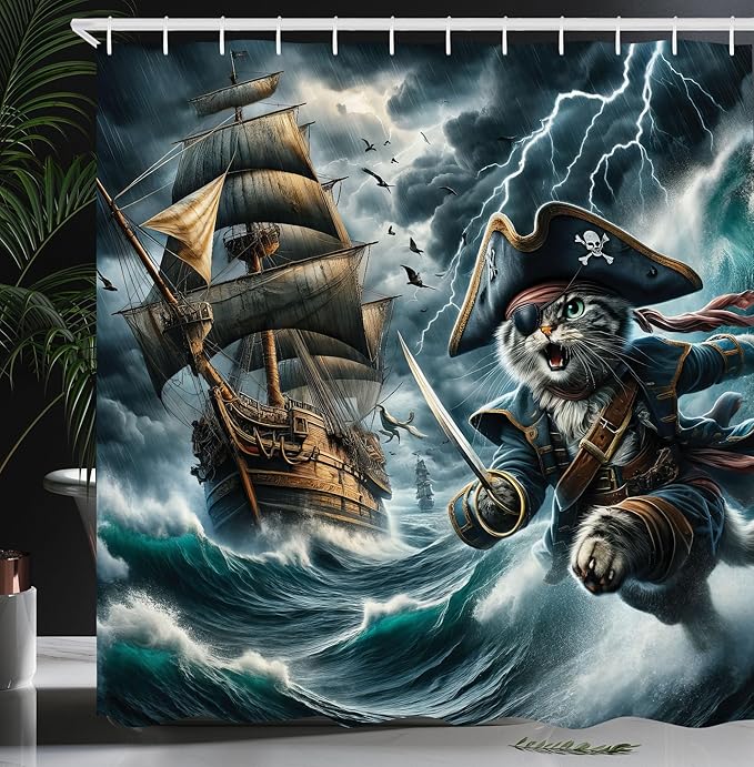 Ambesonne Cat Shower Curtain, Pirate Kitty Character in The Stormy Ocean Waves Adventure Ship Sailing, Cloth Fabric Bathroom Decor Set with Hooks, 69" W x 75" L, Dark Slate Blue and Amber