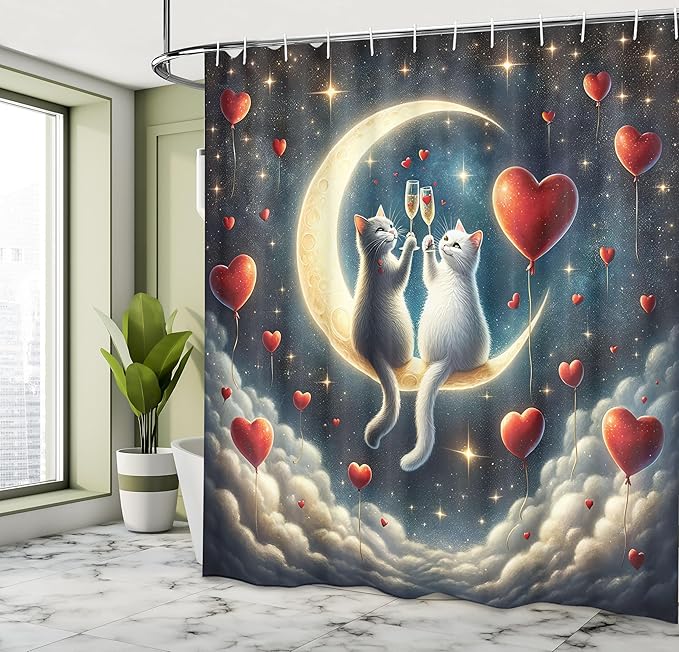 Ambesonne Cat Shower Curtain, Toasting Champagne Kitties Romantic Date Crescent Clouds Heart Balloons, Cloth Fabric Bathroom Decor Set with Hooks, 69" W x 70" L, Dark Night Blue Vermilion