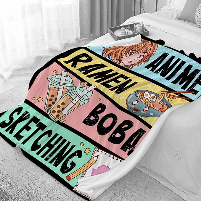Anime Blanket Gifts for Girls Kawaii Anime Decor for Women Anime Ramen Boba Sketching Flannel Blanket Anime Lover Stuff, Luxurious Warm and Cozy for XL 90X120 Inch Amazing for Family
