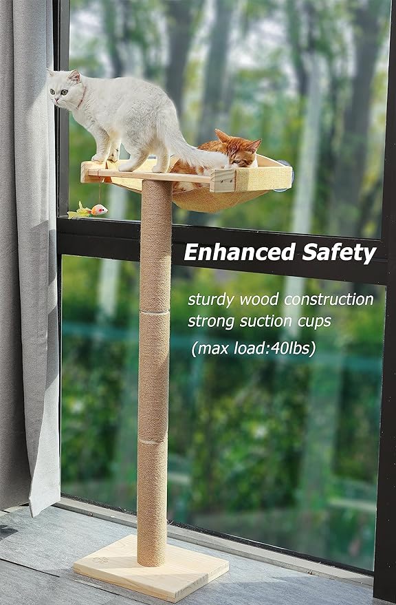 Cat Window Perch with Tall Scratching Posts, Inside 46" Climbing Tree Hammmock Mounted with Suction Cups for Sleeping,Playing and Watching Birds