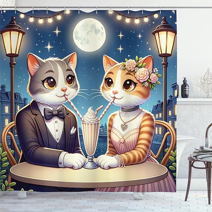 Ambesonne Cat Shower Curtain, Romantic Date Night of Kitties Drinking Milkshake Cozy Night Scene Valentines, Cloth Fabric Bathroom Decor Set with Hooks, 69" W x 70" L, Dark Blue Apricot