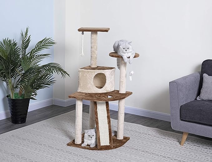 Go Pet Club Everyday Value 47in Corner Cat Tree Kitty Condo Kitten Scratcher Tower House Furniture with Hanging Toys for Indoor Cats, Beige/Brown