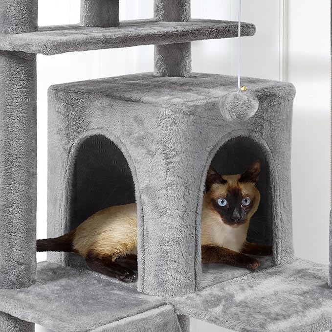 Yaheetech Tall Cat Tree, 80in Multi-Level Cat Tower with Cat Scratching Posts, Double Cat Caves, Perched Platforms and Dangling Balls, Cat Stand House for Kittens Pet, Light Gray